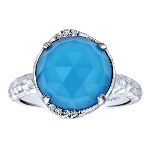 925 Sterling Silver Round Rock Crystal/Turquoise and Diamond Ring