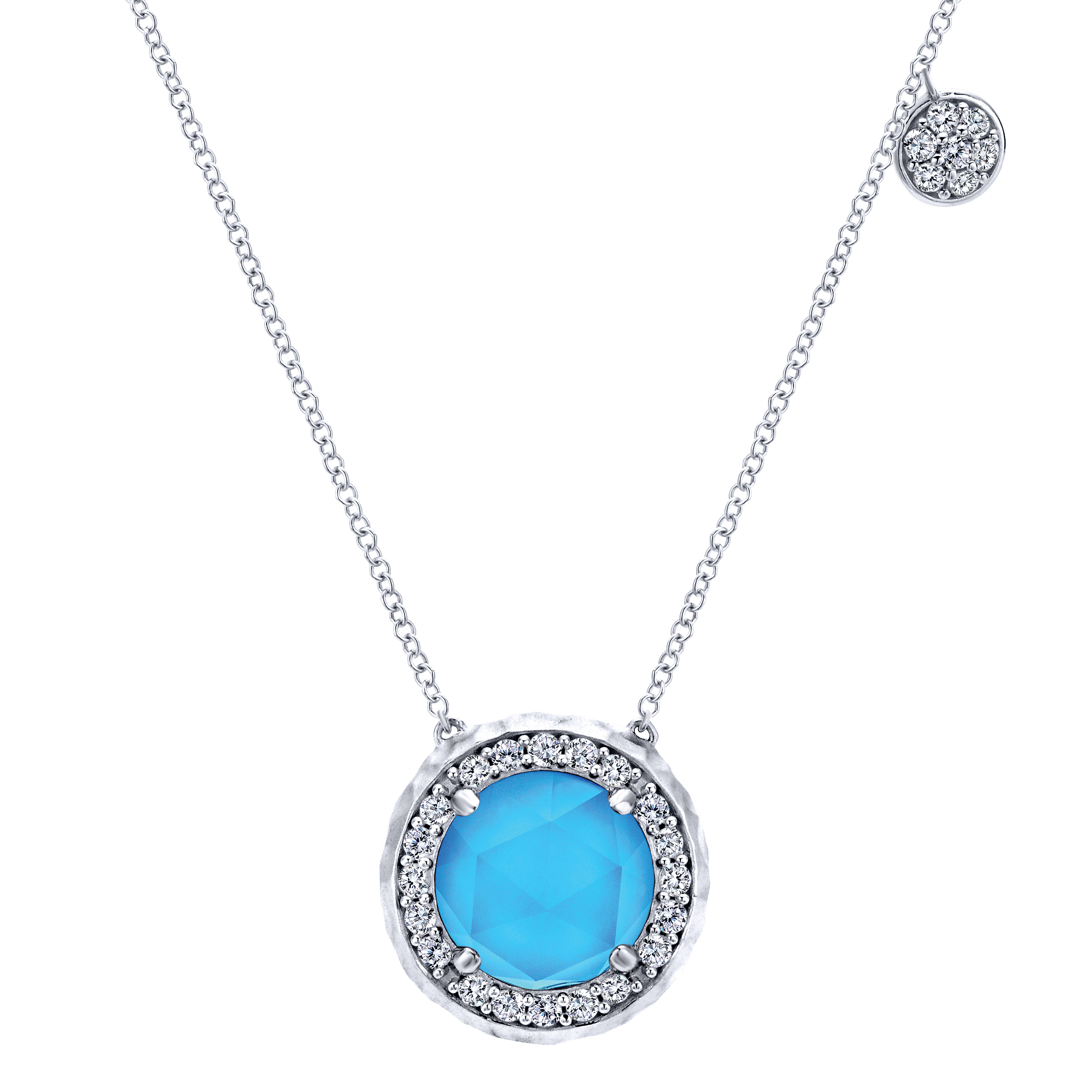 925 Sterling Silver Round Rock Crystal/Turquoise and White Sapphire Halo Pendant Necklace