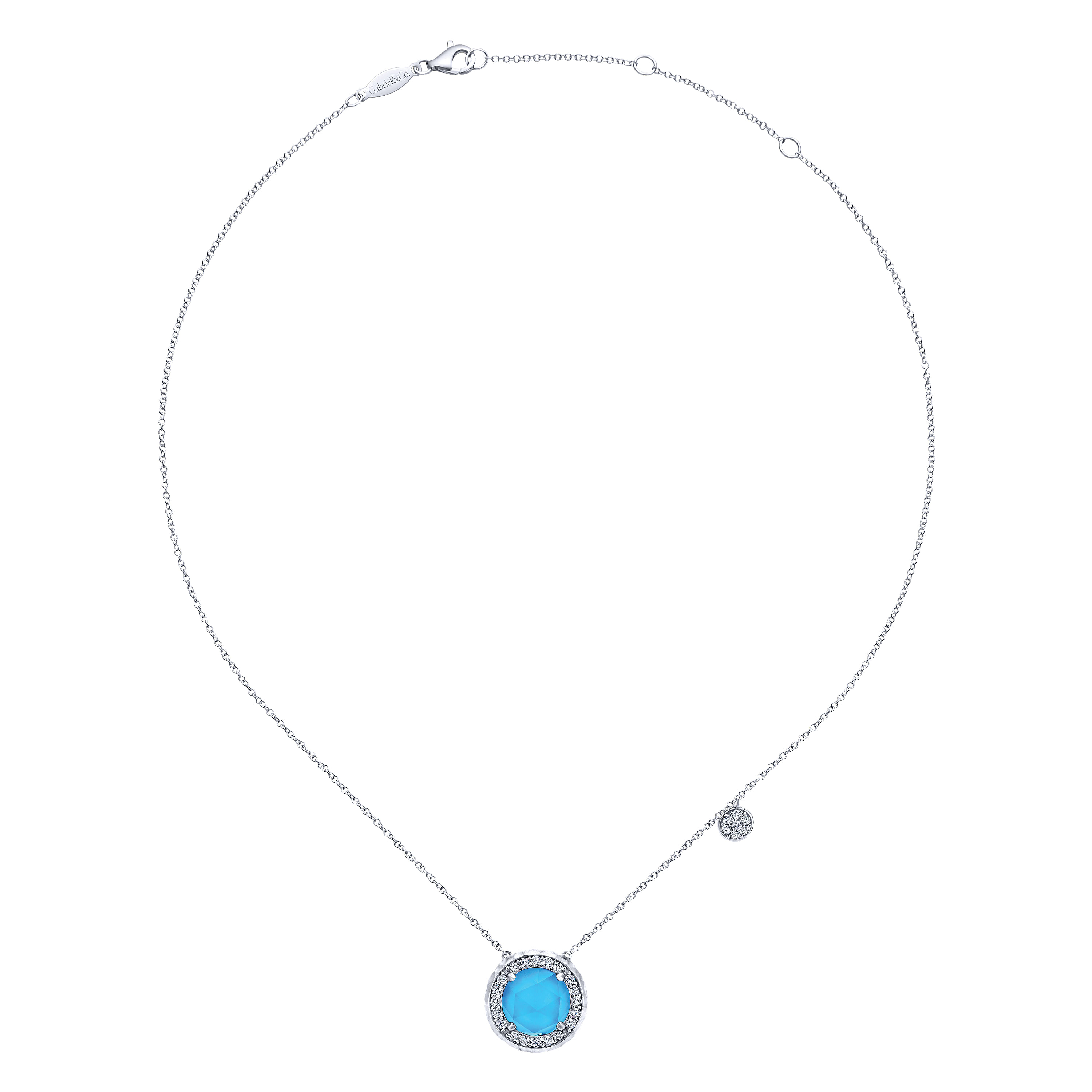 925 Sterling Silver Round Rock Crystal/Turquoise and White Sapphire Halo Pendant Necklace