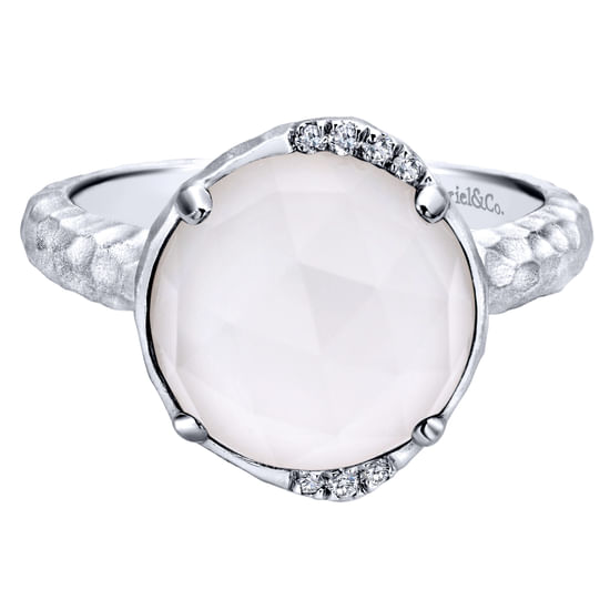 Gabriel - 925 Sterling Silver Round Rock Crystal/White Agate and Diamond Ring