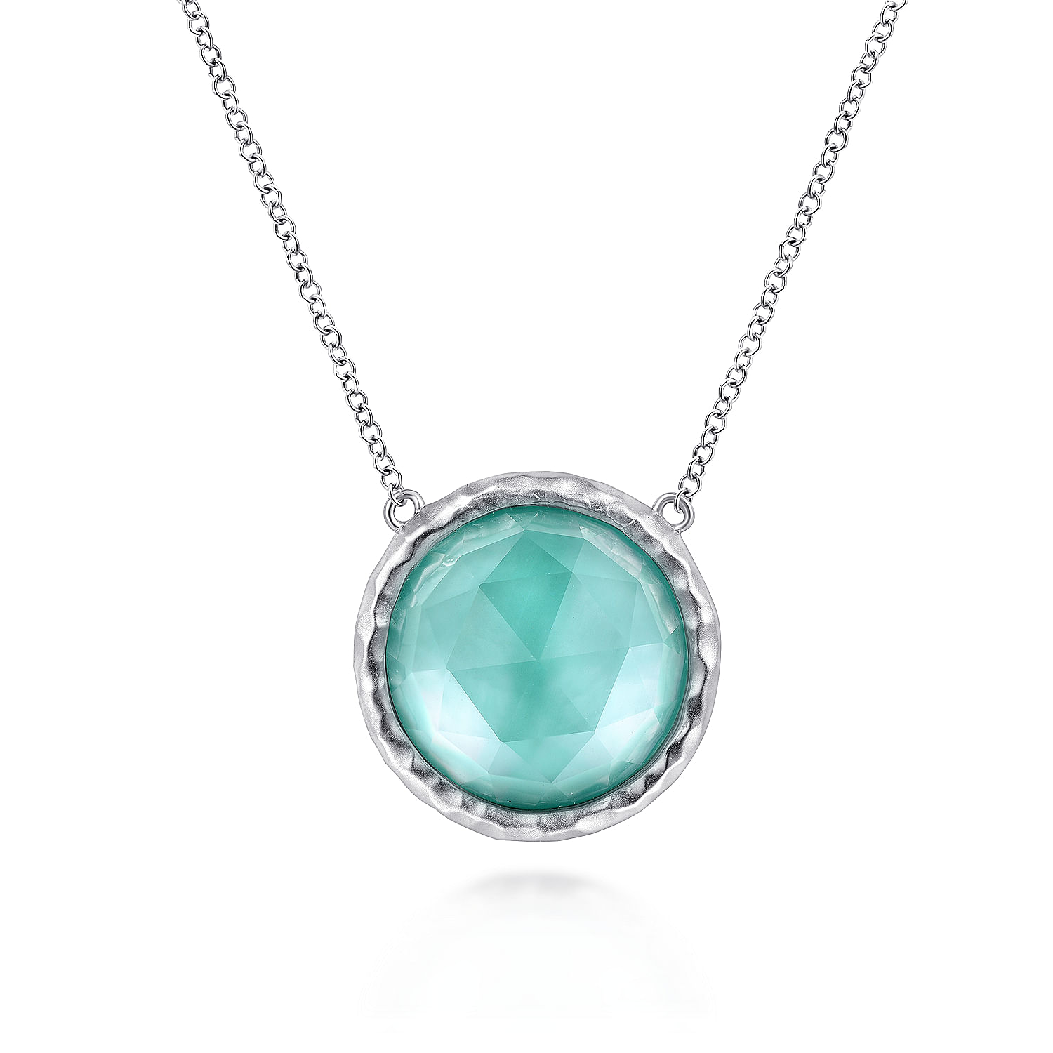 925 Sterling Silver Round Rock Crystal/White MOP and Green Onyx Doublet Pendant Necklace