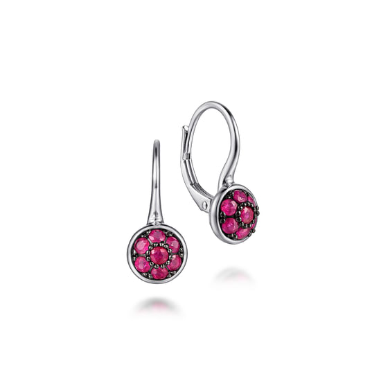 Gabriel - 925 Sterling Silver Round Ruby Cluster Leverback Drop Earrings