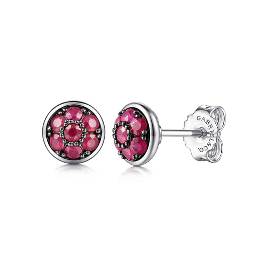 Gabriel - 925 Sterling Silver Round Ruby Cluster Stud Earrings