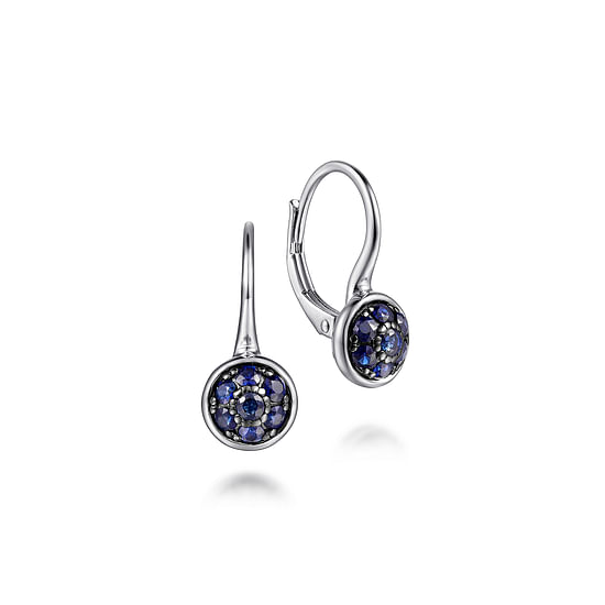 Gabriel - 925 Sterling Silver Round Sapphire Cluster Leverback Drop Earrings