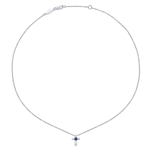 925 Sterling Silver Round Sapphire Cross Pendant Necklace