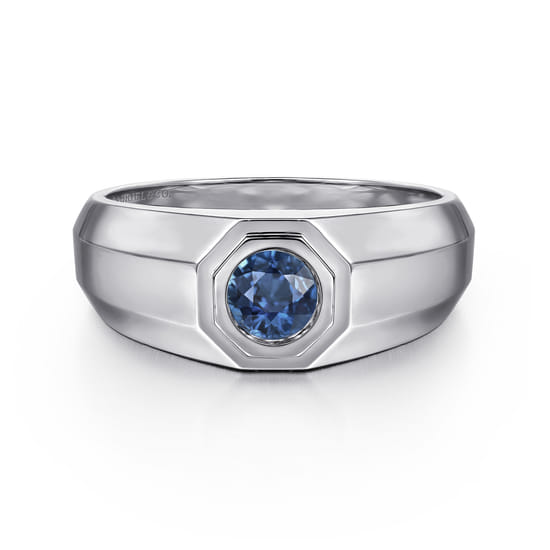 925 Sterling Silver Round Sapphire Mens Engagement Ring in High Polish Finish