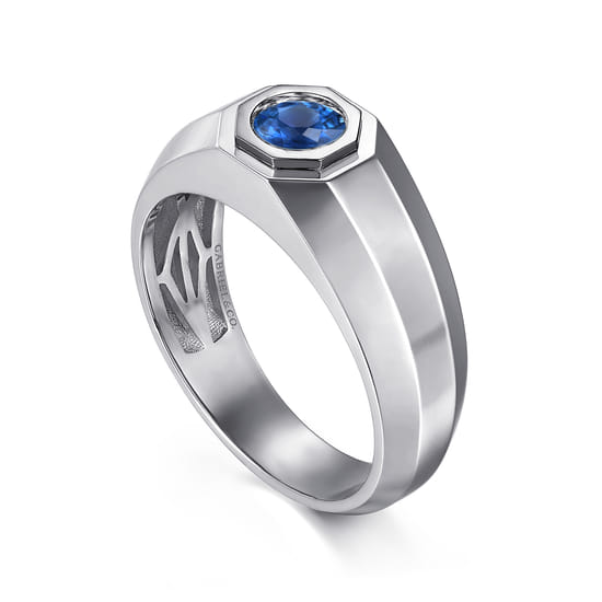 925 Sterling Silver Round Sapphire Mens Engagement Ring in High Polish Finish angle 3