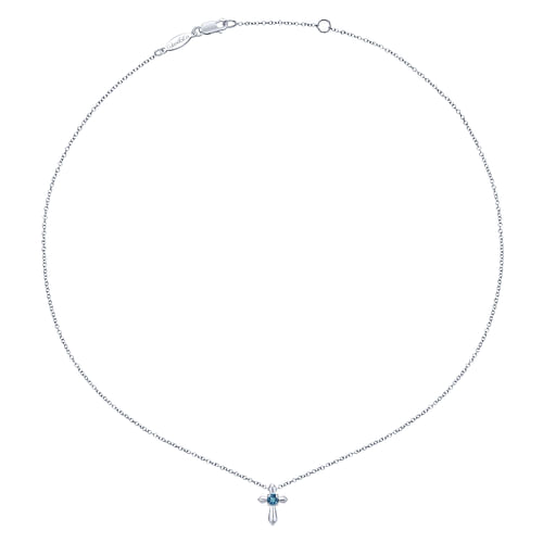 925 Sterling Silver Round Sky Blue Topaz Cross Necklace