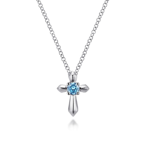 925 Sterling Silver Round Swiss Blue Topaz Cross Necklace