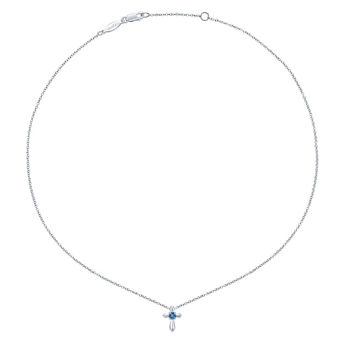 925 Sterling Silver Round Swiss Blue Topaz Cross Necklace