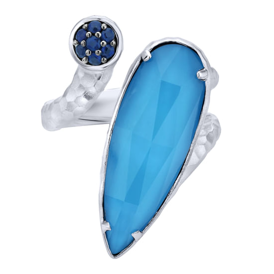 Gabriel - 925 Sterling Silver Round and Pear Rock Crystal/Turquoise and Sapphire Ring