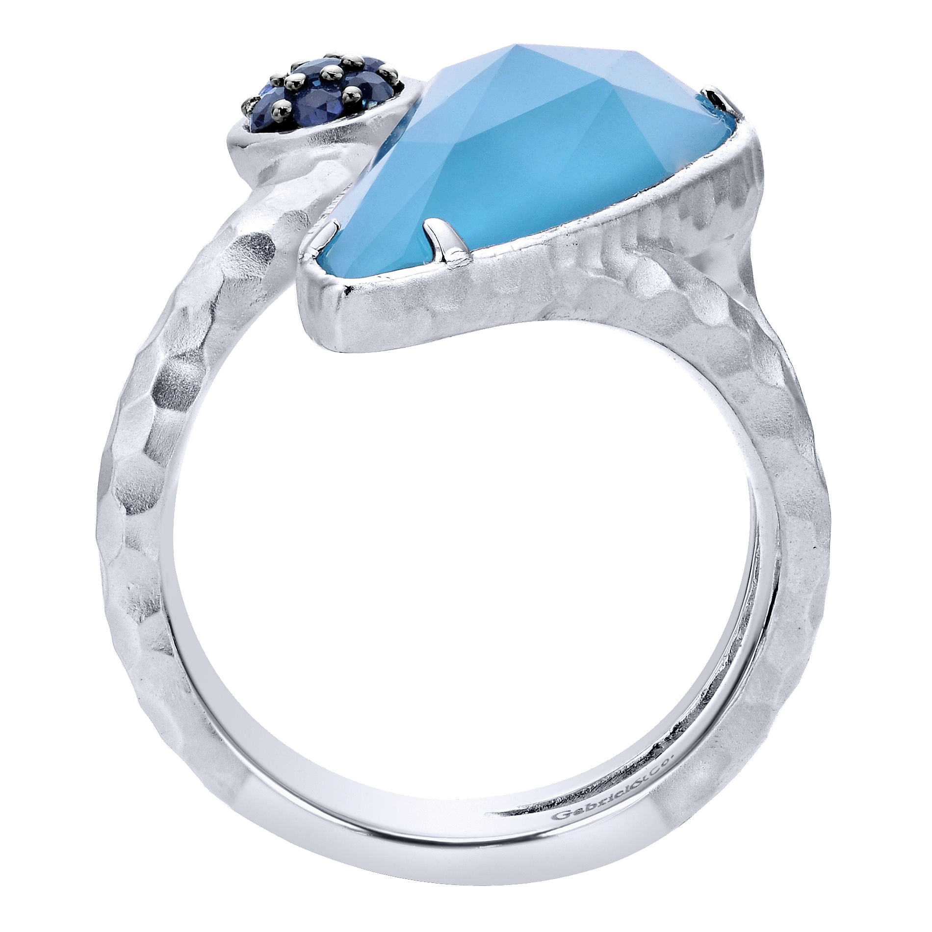 925 Sterling Silver Round and Pear Rock Crystal/Turquoise and Sapphire Ring
