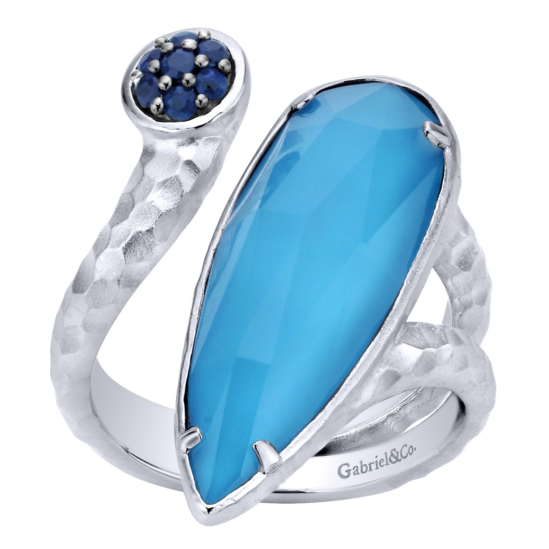 925 Sterling Silver Round and Pear Rock Crystal/Turquoise and Sapphire Ring