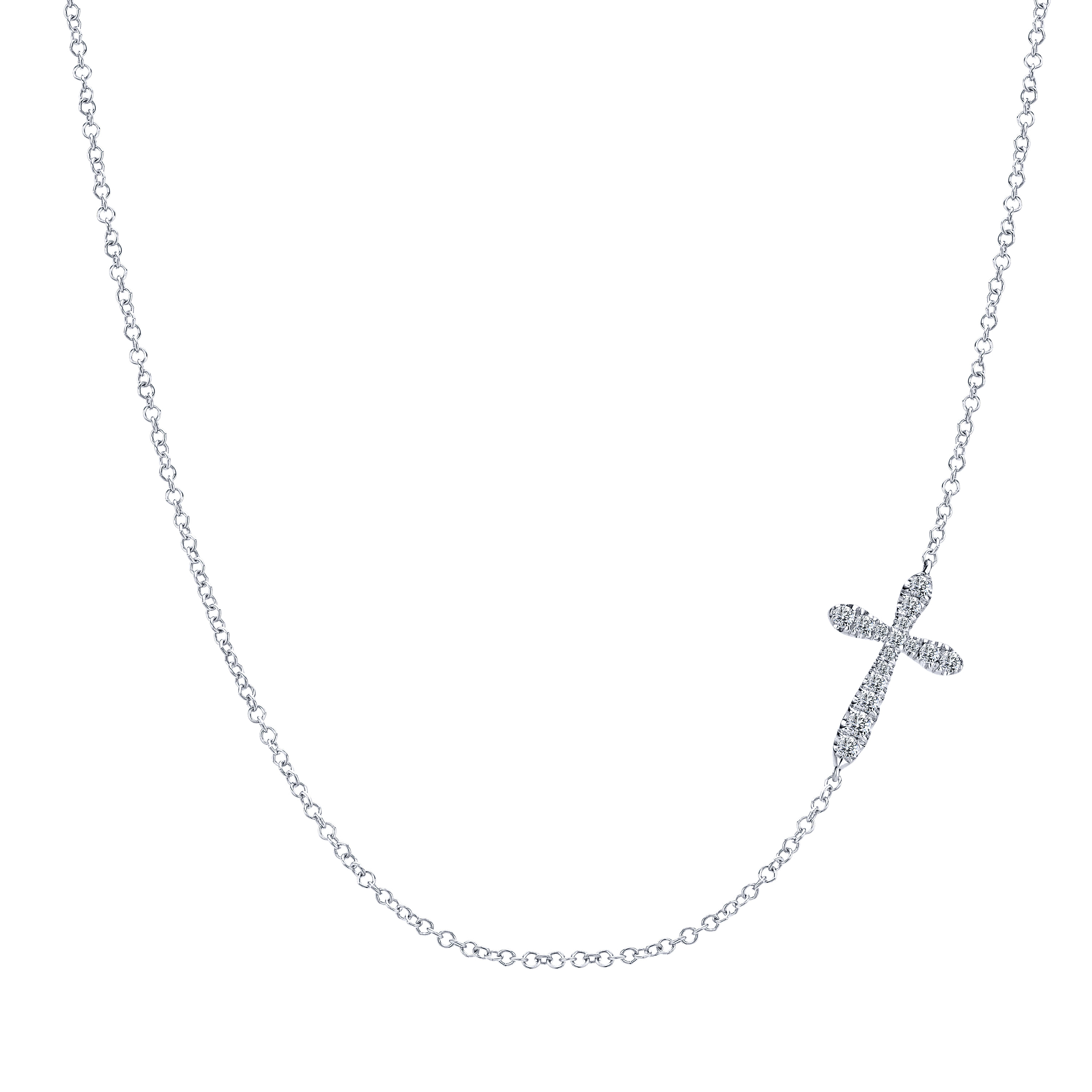 925 Sterling Silver Rounded Sideways White Sapphire Cross Necklace
