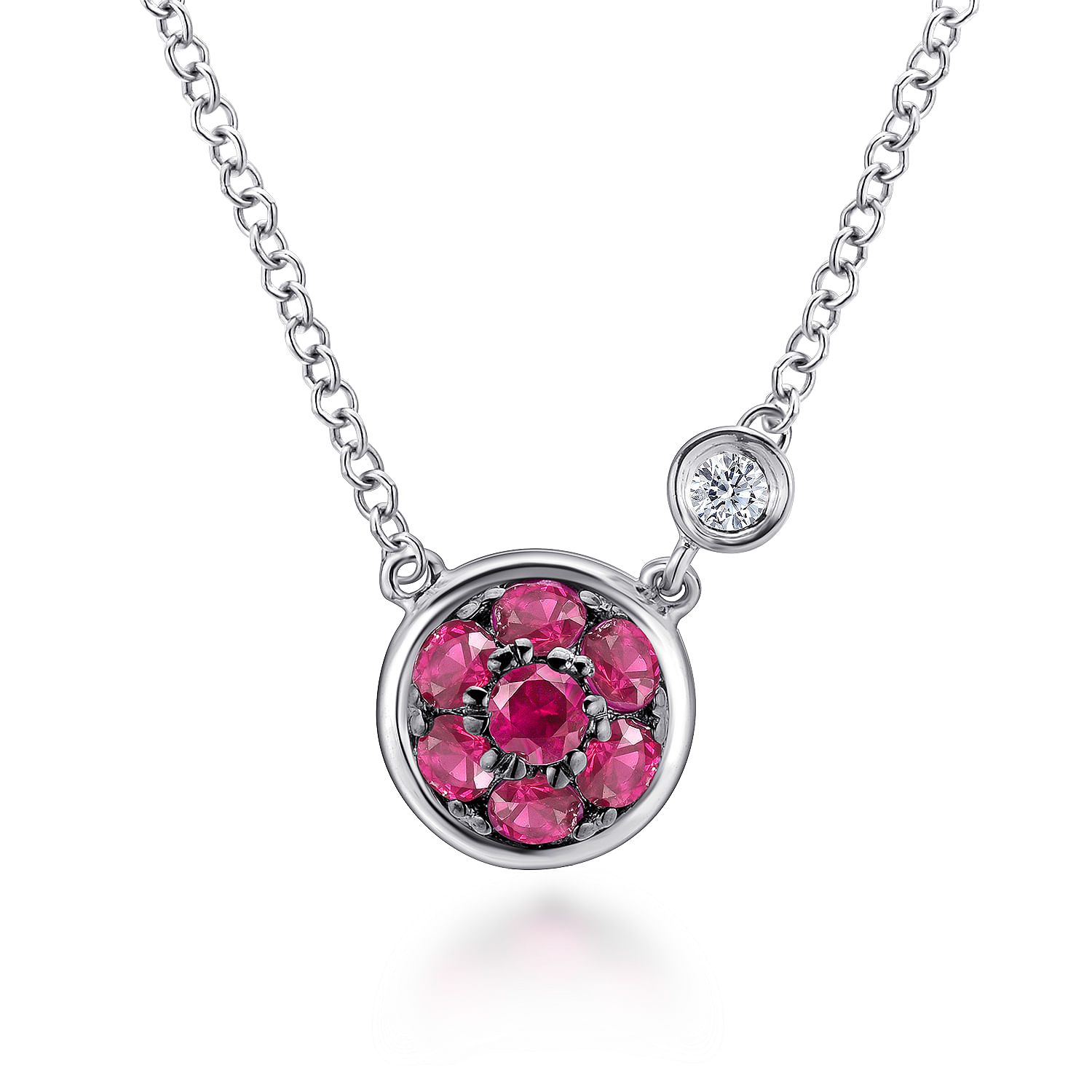 925 Sterling Silver Ruby Cluster And Diamond Pendant Necklace