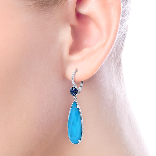 925 Sterling Silver Sapphire Earrings with Turquoise/Rock Crystal Teardrops