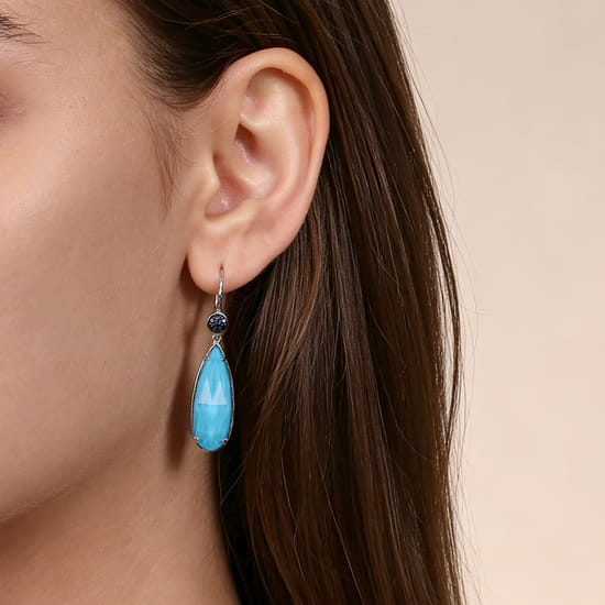 925 Sterling Silver Sapphire Earrings with Turquoise/Rock Crystal Teardrops angle 2