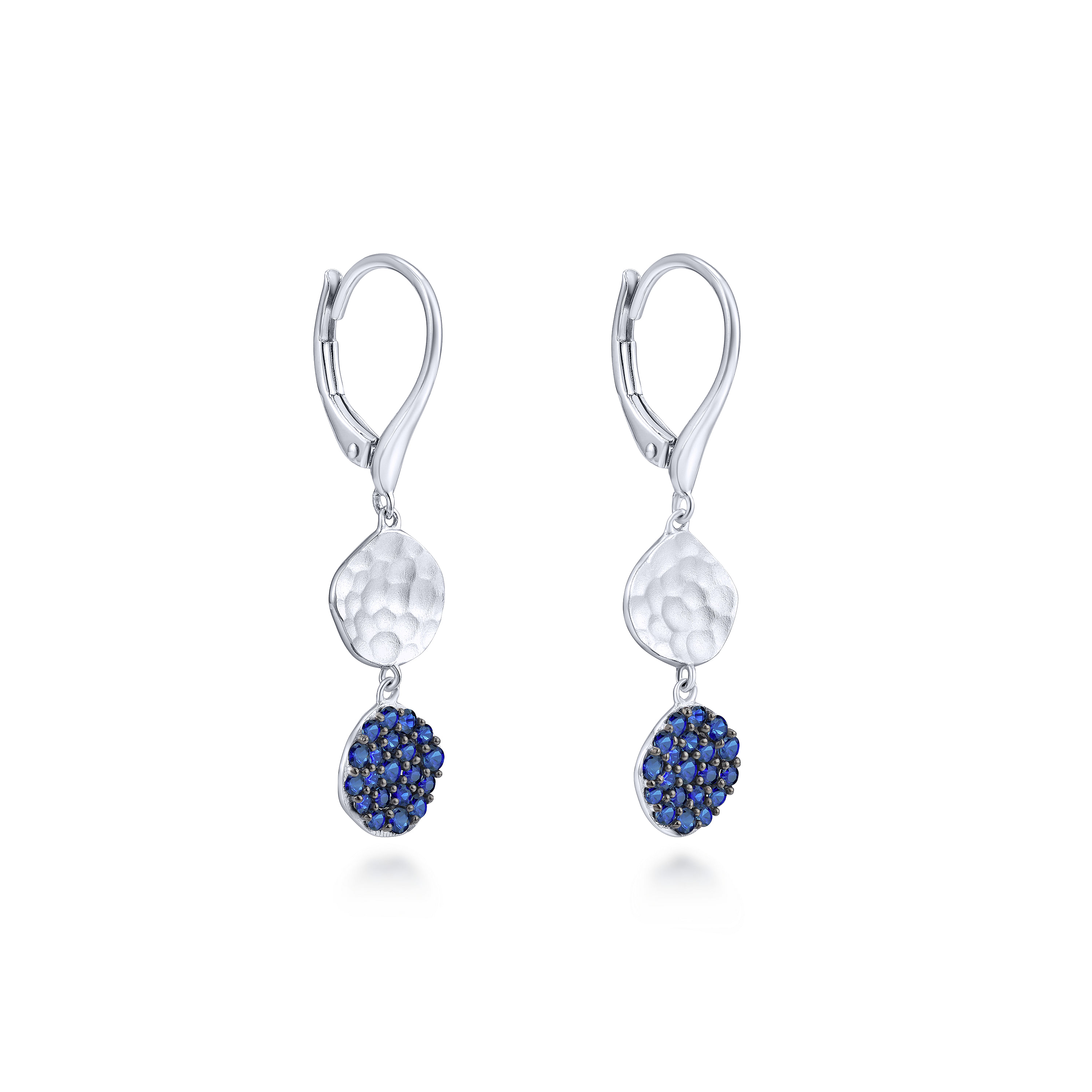 925 Sterling Silver Sapphire Pavé Hammered Disc Drop Earrings