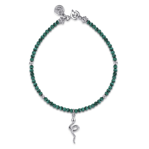 925 Sterling Silver Snake Brownish Malachite Bead Bracelet