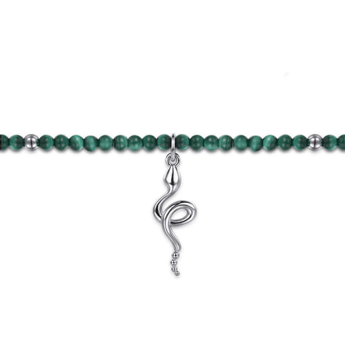 925 Sterling Silver Snake Brownish Malachite Bead Bracelet