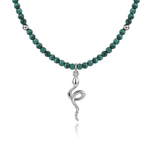 925 Sterling Silver Snake Brownish Malachite Bead Pendant Necklace