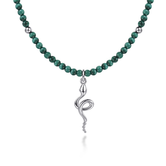 Gabriel - 925 Sterling Silver Snake Brownish Malachite Bead Pendant Necklace