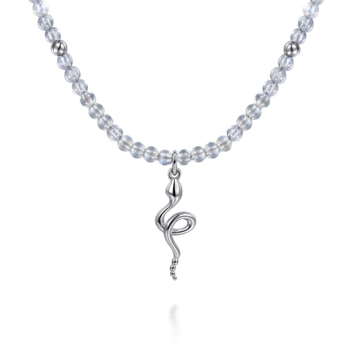 925 Sterling Silver Snake Brownish Moon Stone Bead Pendant Necklace