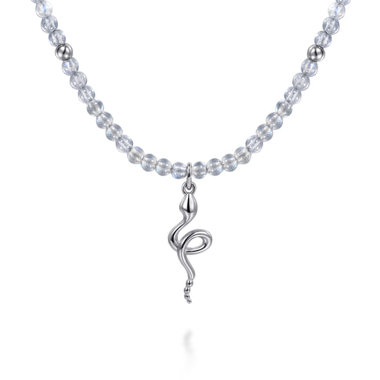 Gabriel - 925 Sterling Silver Snake Brownish Moon Stone Bead Pendant Necklace