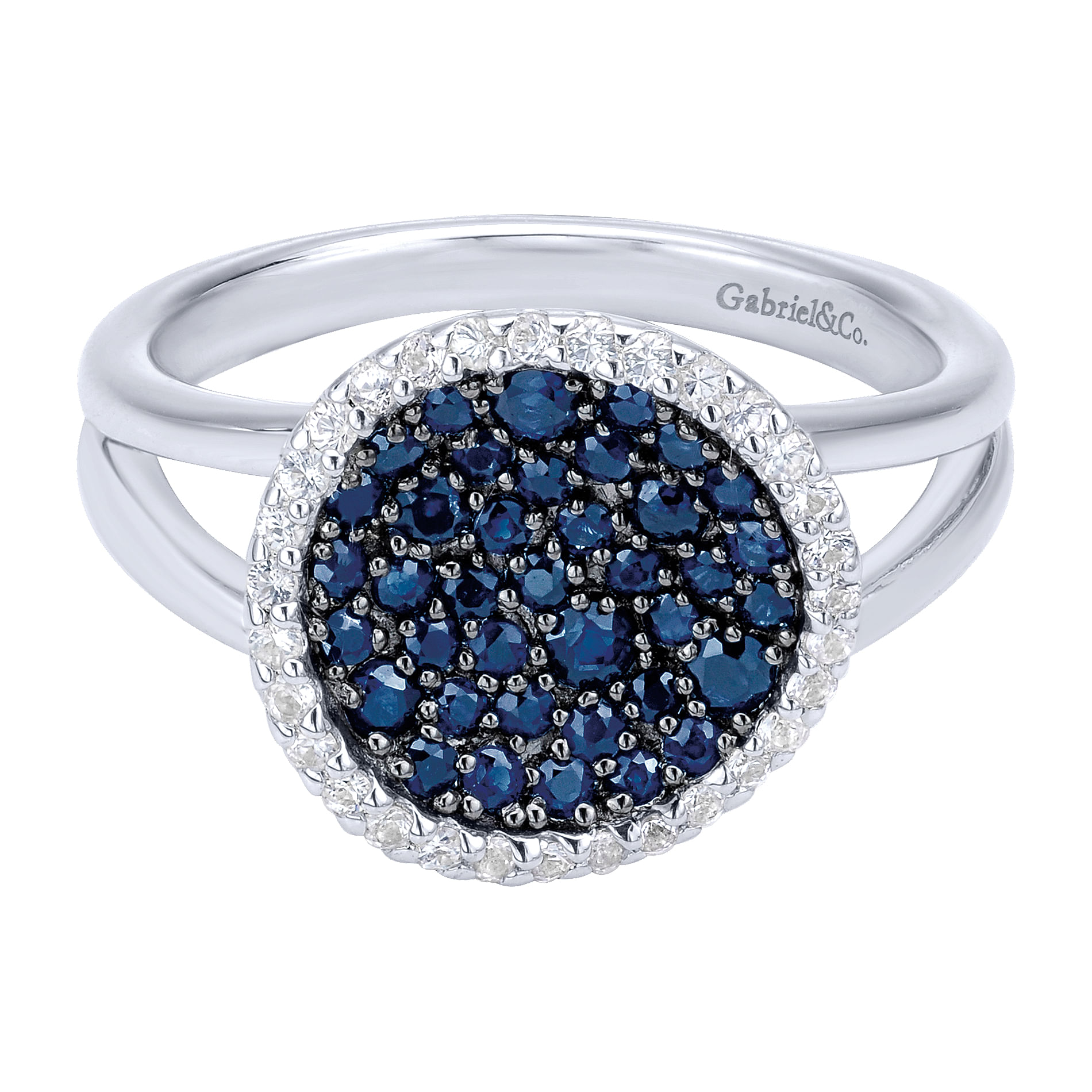 925 Sterling Silver Split Shank Blue and White Sapphire Halo Ring