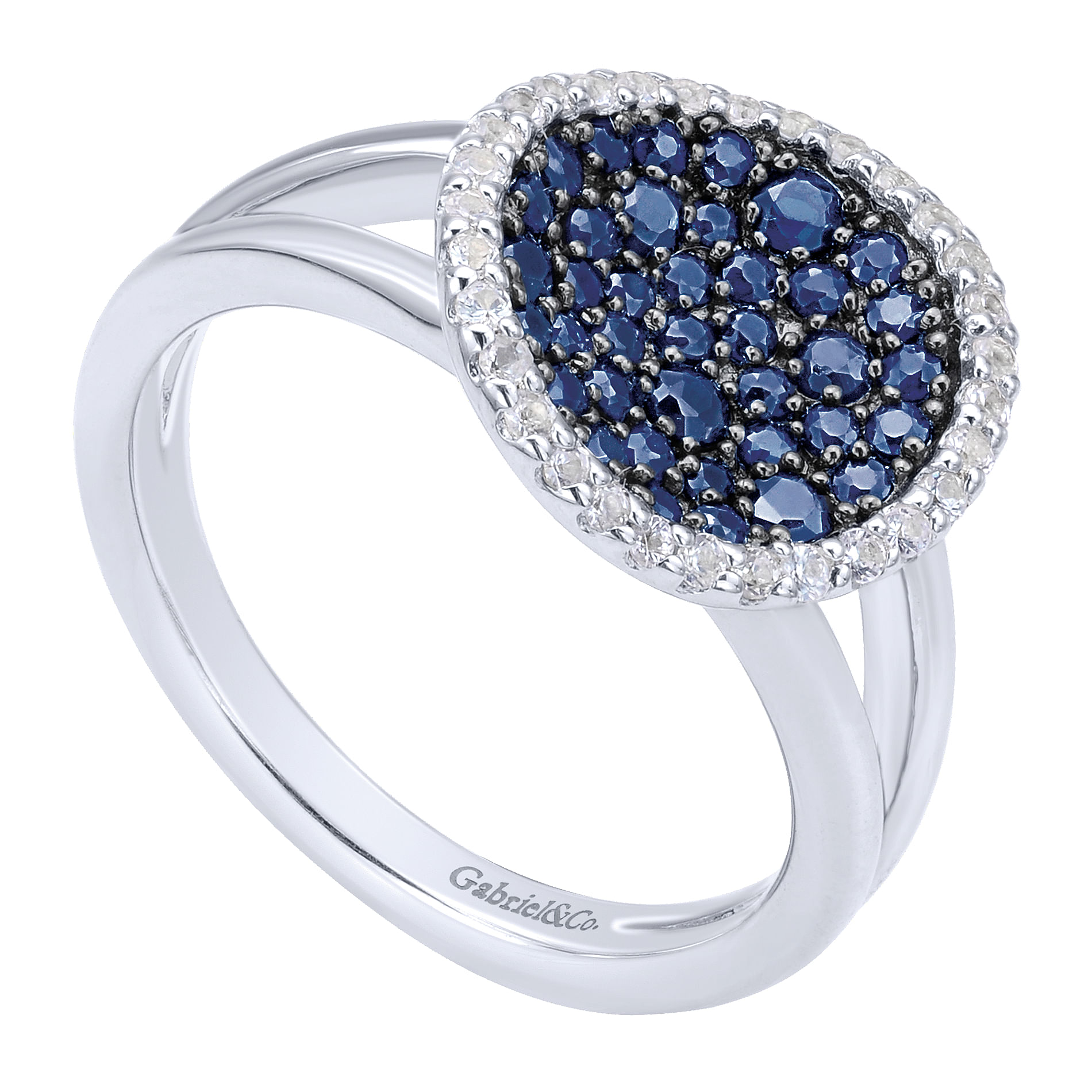 925 Sterling Silver Split Shank Blue and White Sapphire Halo Ring