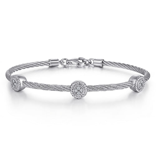 925 Sterling Silver-Stainless Steel Cluster Diamond Twisted Cable Bangle