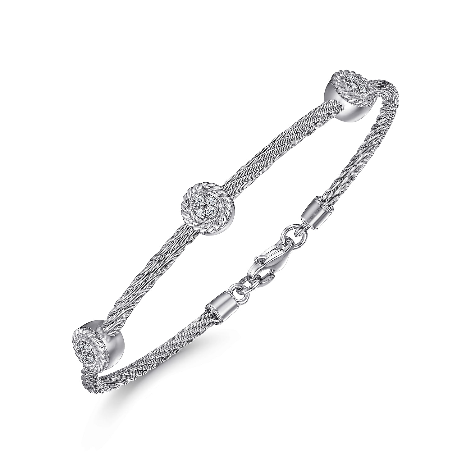 925 Sterling Silver-Stainless Steel Cluster Diamond Twisted Cable Bangle
