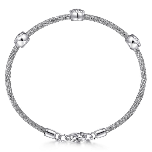 925 Sterling Silver-Stainless Steel Cluster Diamond Twisted Cable Bangle