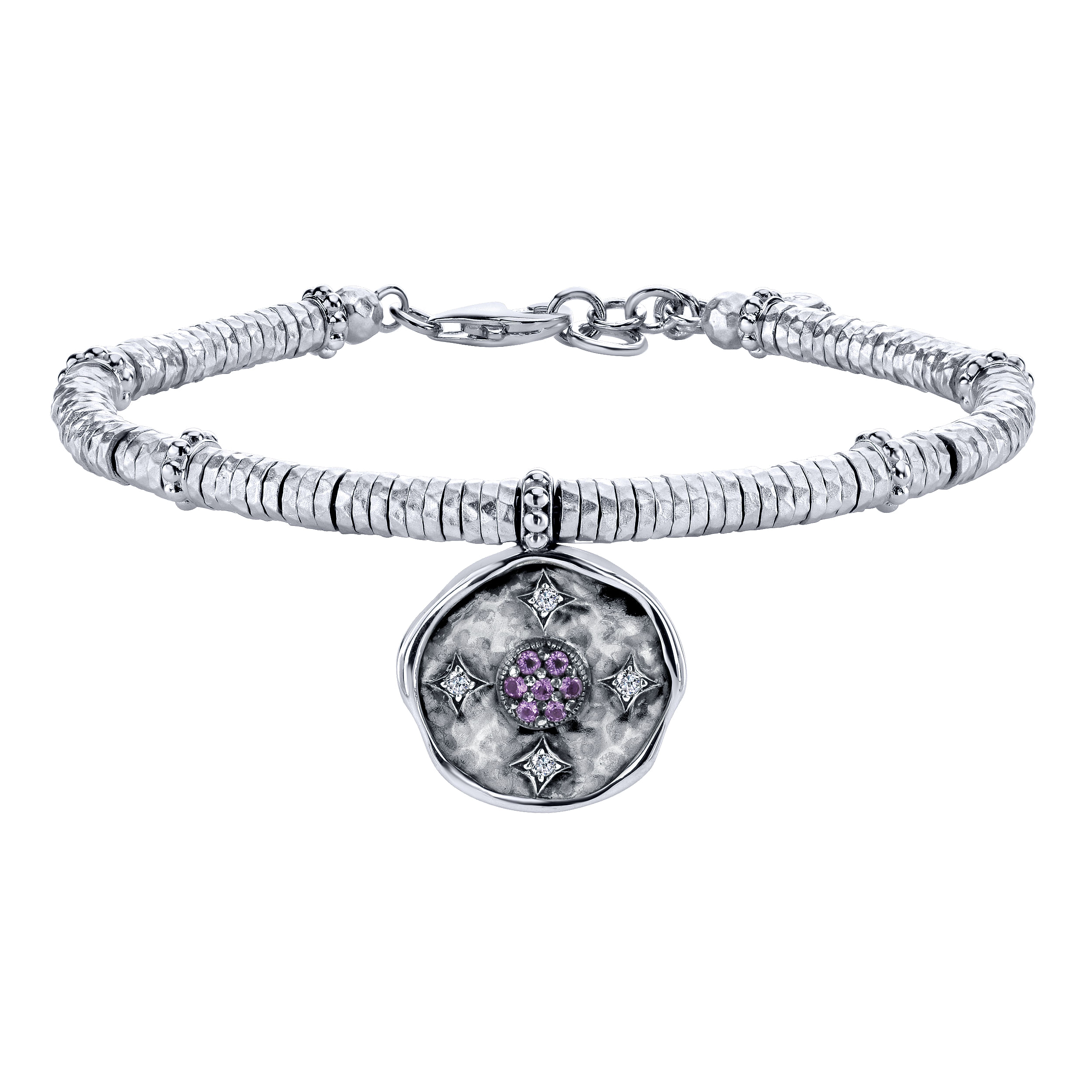925 Sterling Silver-Stainless Steel Hammered Oxidation Amethyst and White Sapphire Bracelet