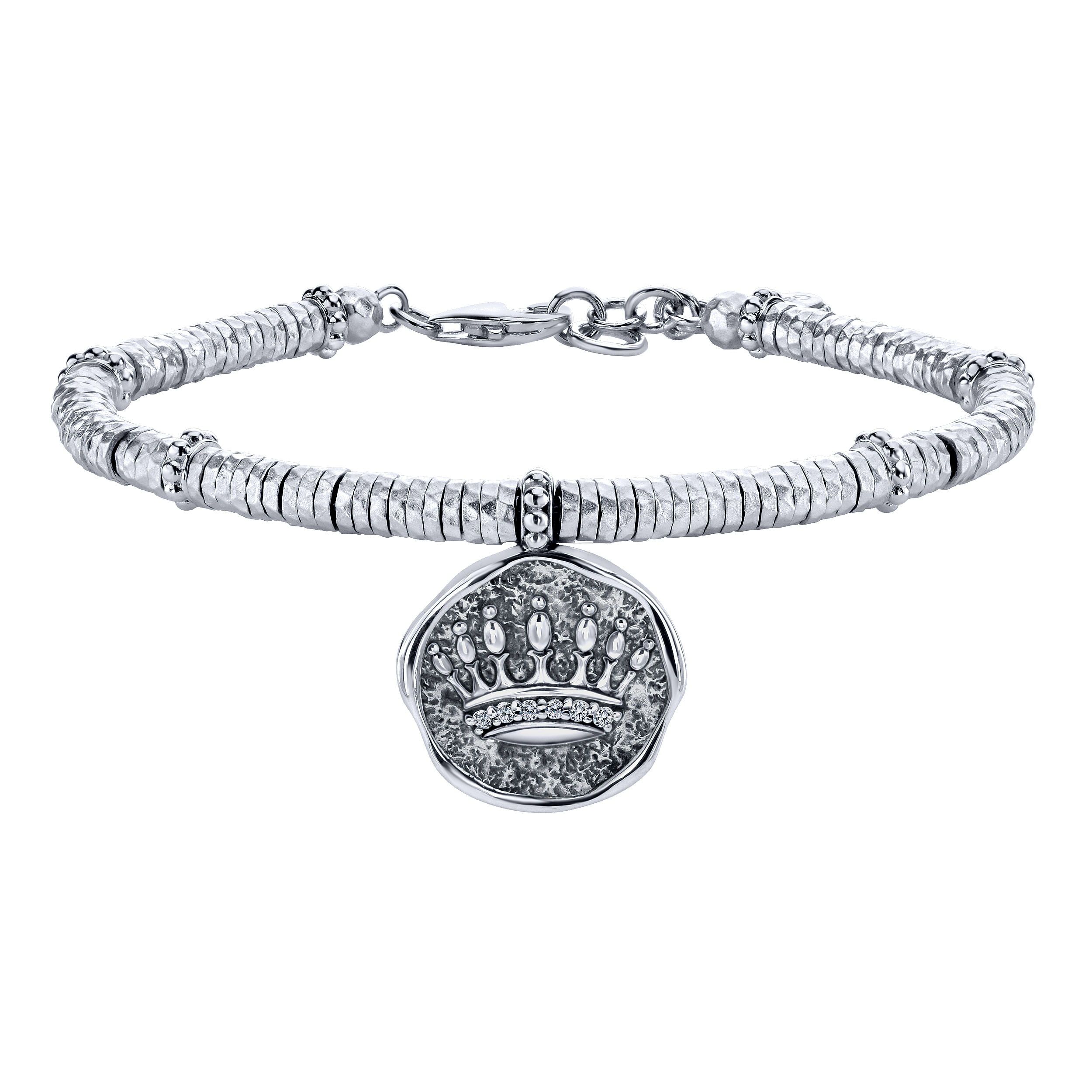 925 Sterling Silver-Stainless Steel Hammered Oxidation Crown White Sapphire Bracelet