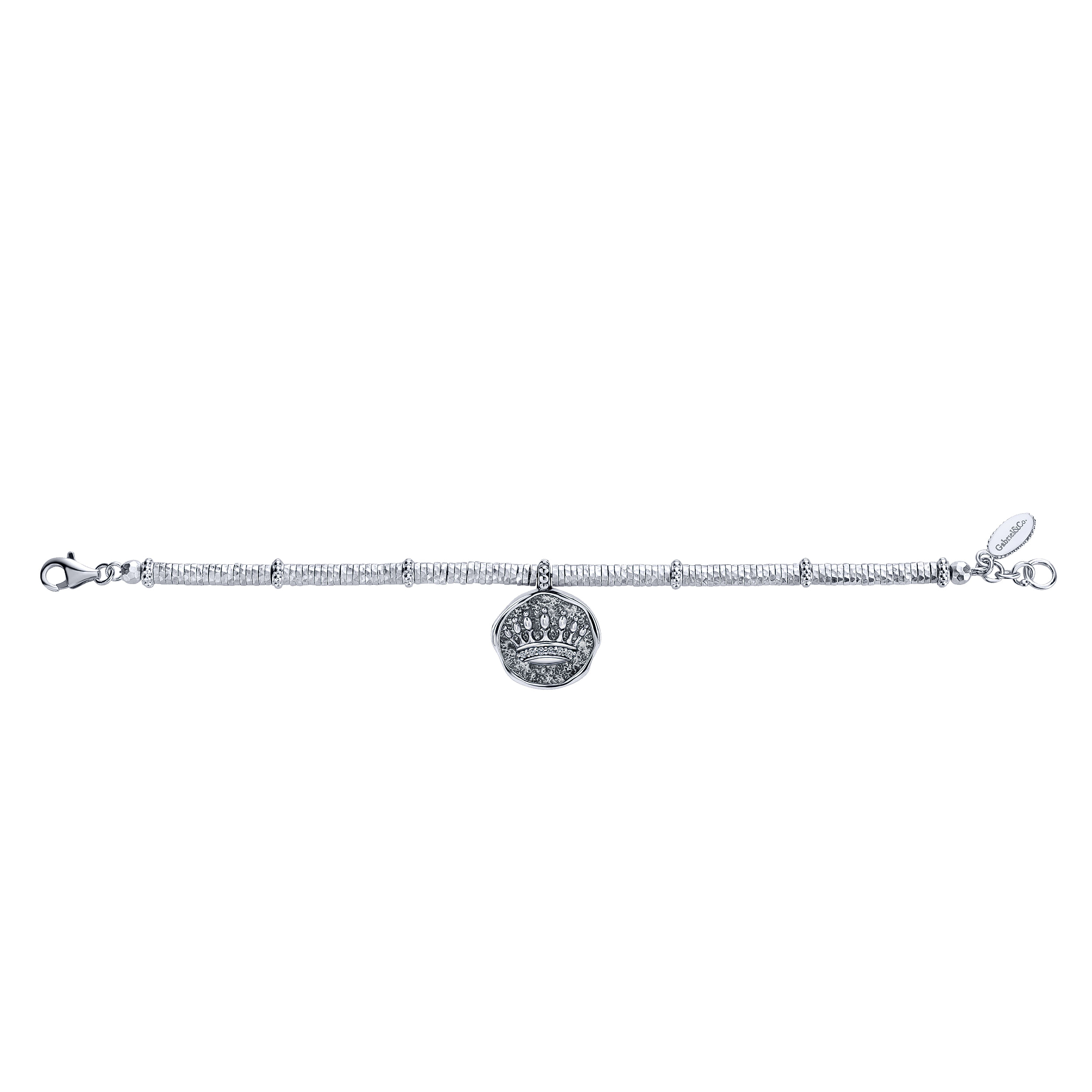 925 Sterling Silver-Stainless Steel Hammered Oxidation Crown White Sapphire Bracelet