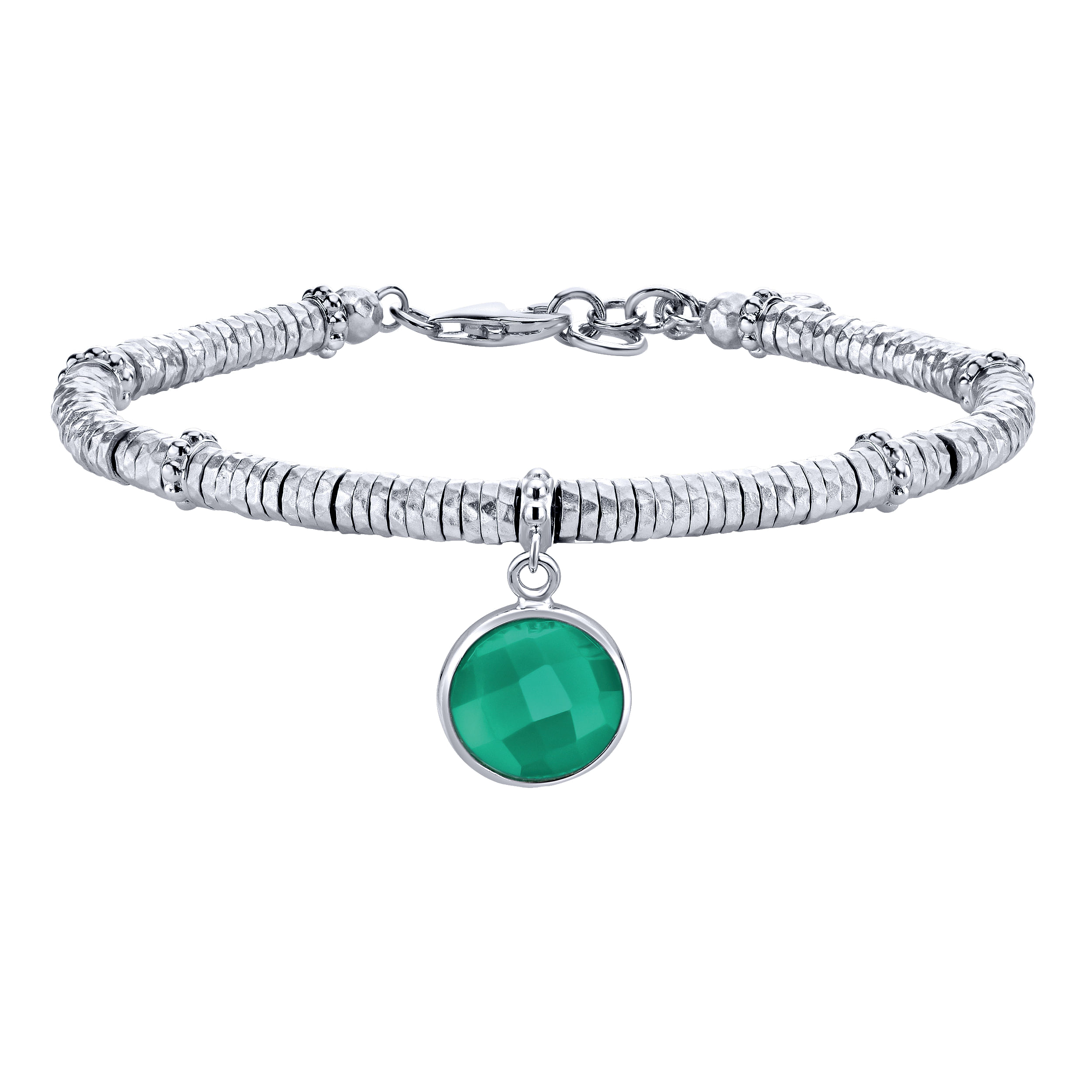 925 Sterling Silver-Stainless Steel Hammered Round Green Onyx Bracelet