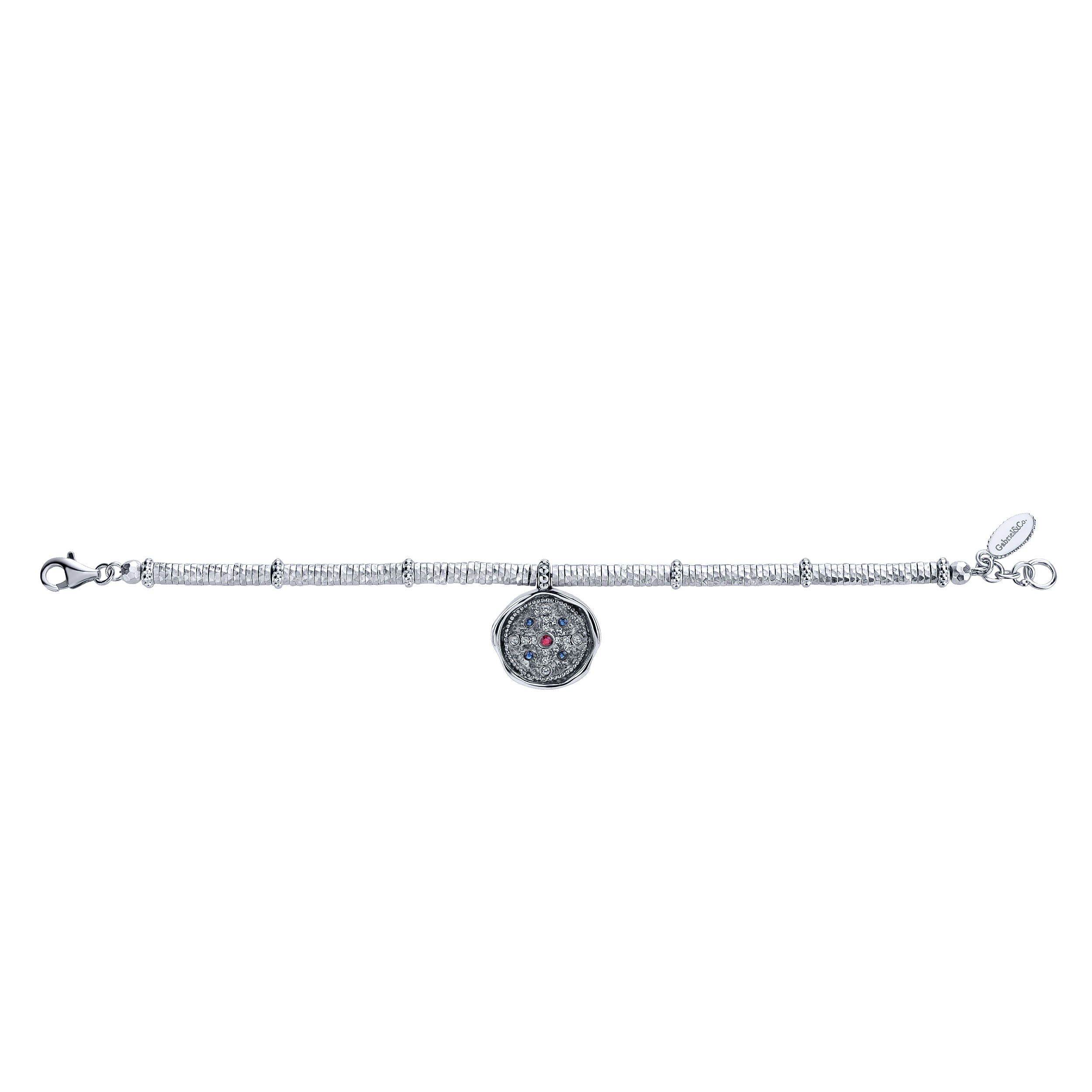 925 Sterling Silver-Stainless Steel Hammered Ruby and Sapphire and White Sapphire Charm Bracelet