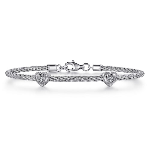 925 Sterling Silver-Stainless Steel Heart Cluster Diamond Twisted Cable Bangle