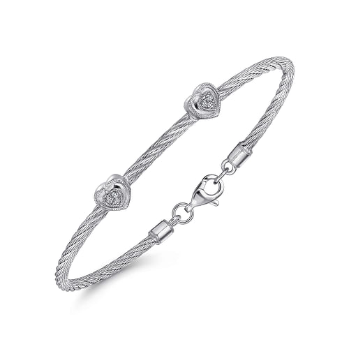 925 Sterling Silver-Stainless Steel Heart Cluster Diamond Twisted Cable Bangle