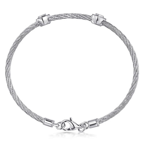 925 Sterling Silver-Stainless Steel Heart Cluster Diamond Twisted Cable Bangle