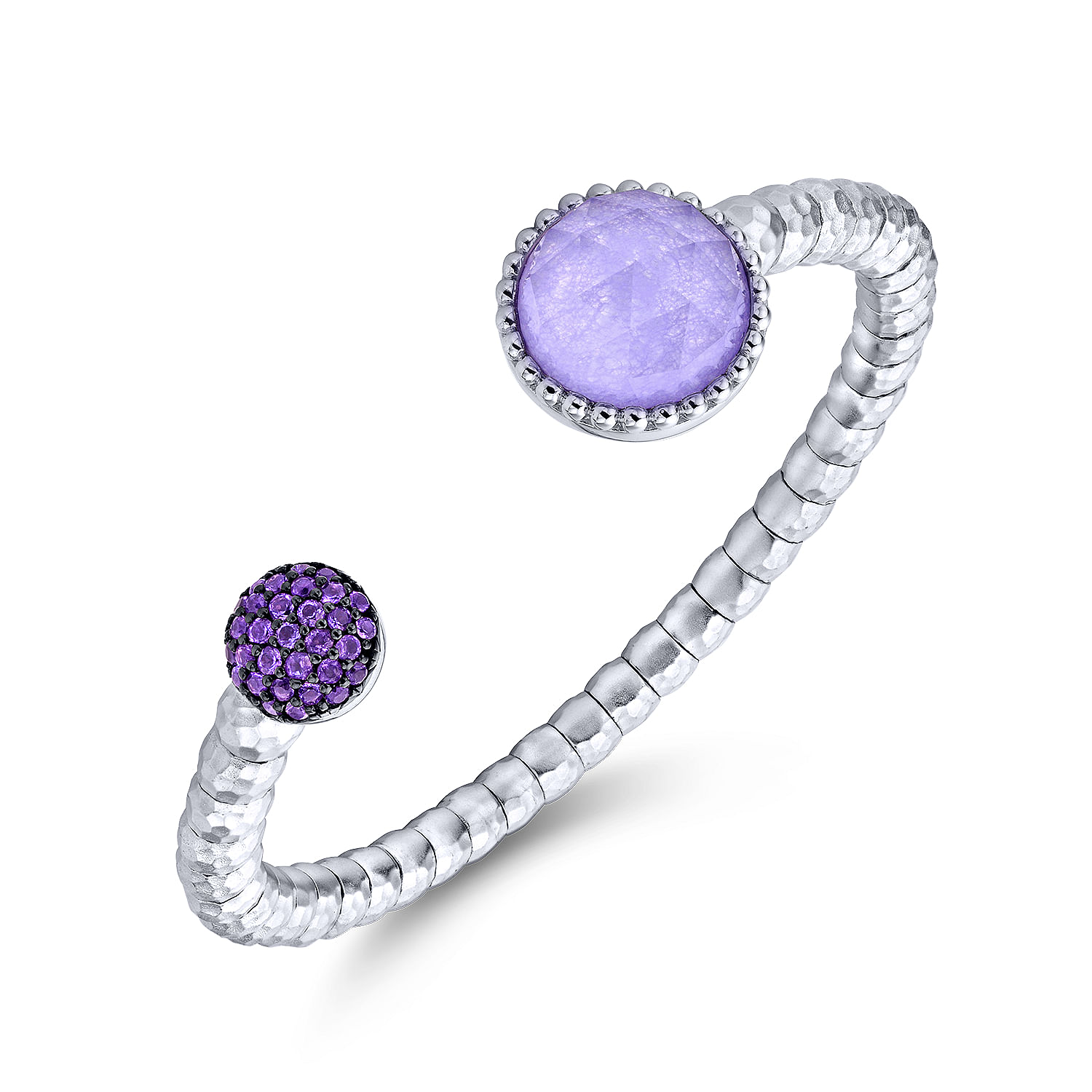 925 Sterling Silver-Stainless Steel Rock Crystal/Purple Jade and Amethyst Pavé Cuff  Bangle