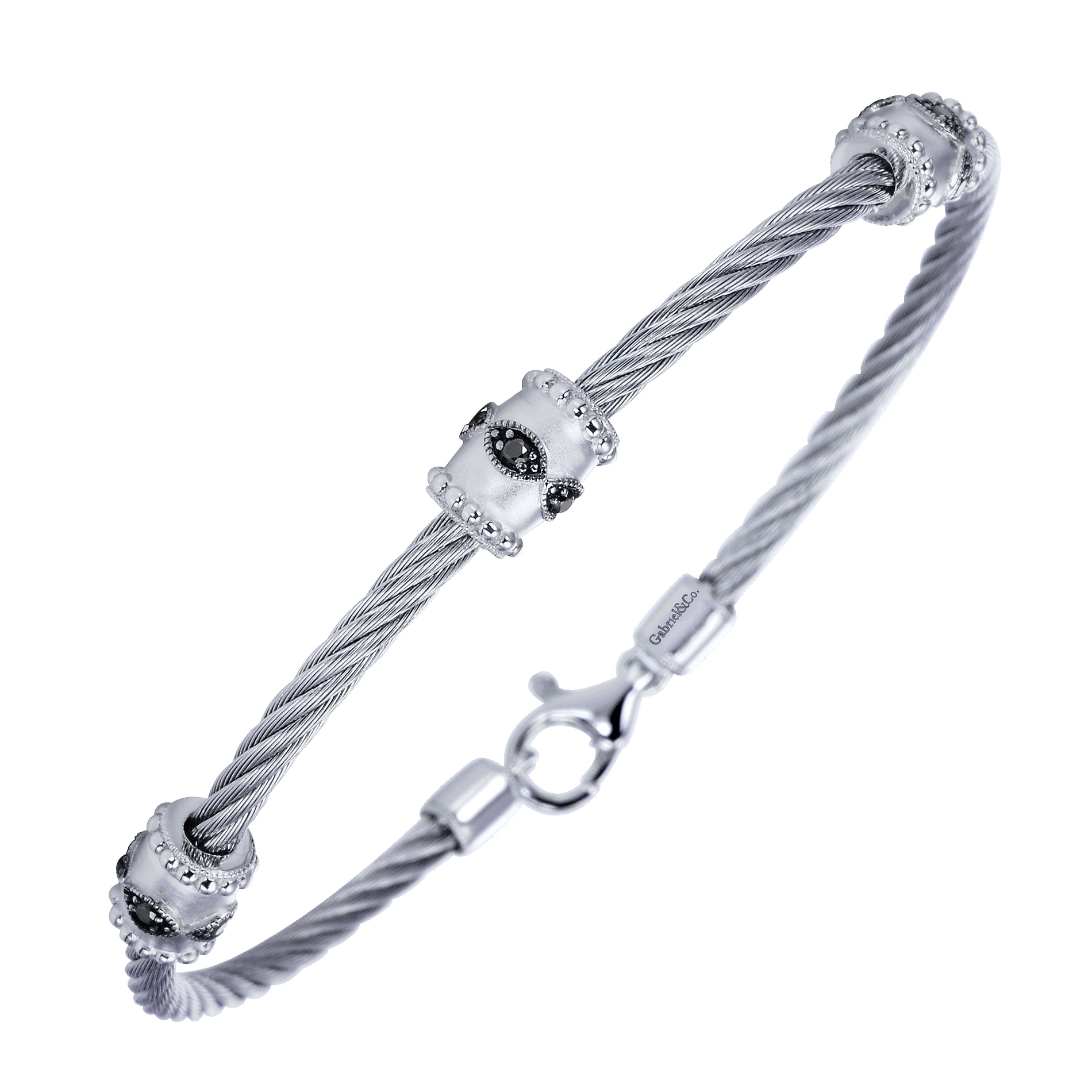 925 Sterling Silver-Stainless Steel Twisted Cable Bangle with 3 Black Diamond Metal Stations
