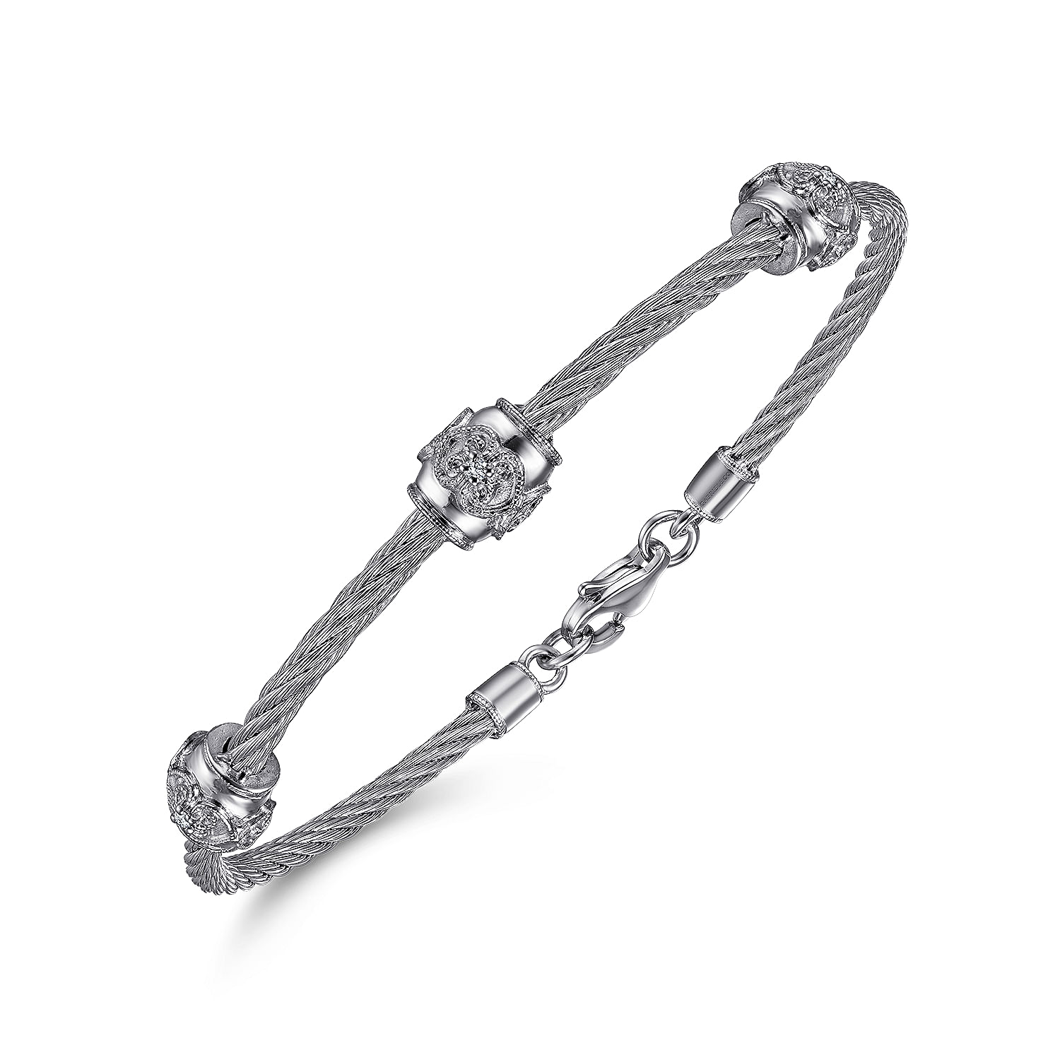 925 Sterling Silver-Stainless Steel Twisted Cable Bangle with 3 Diamond Metal Stations