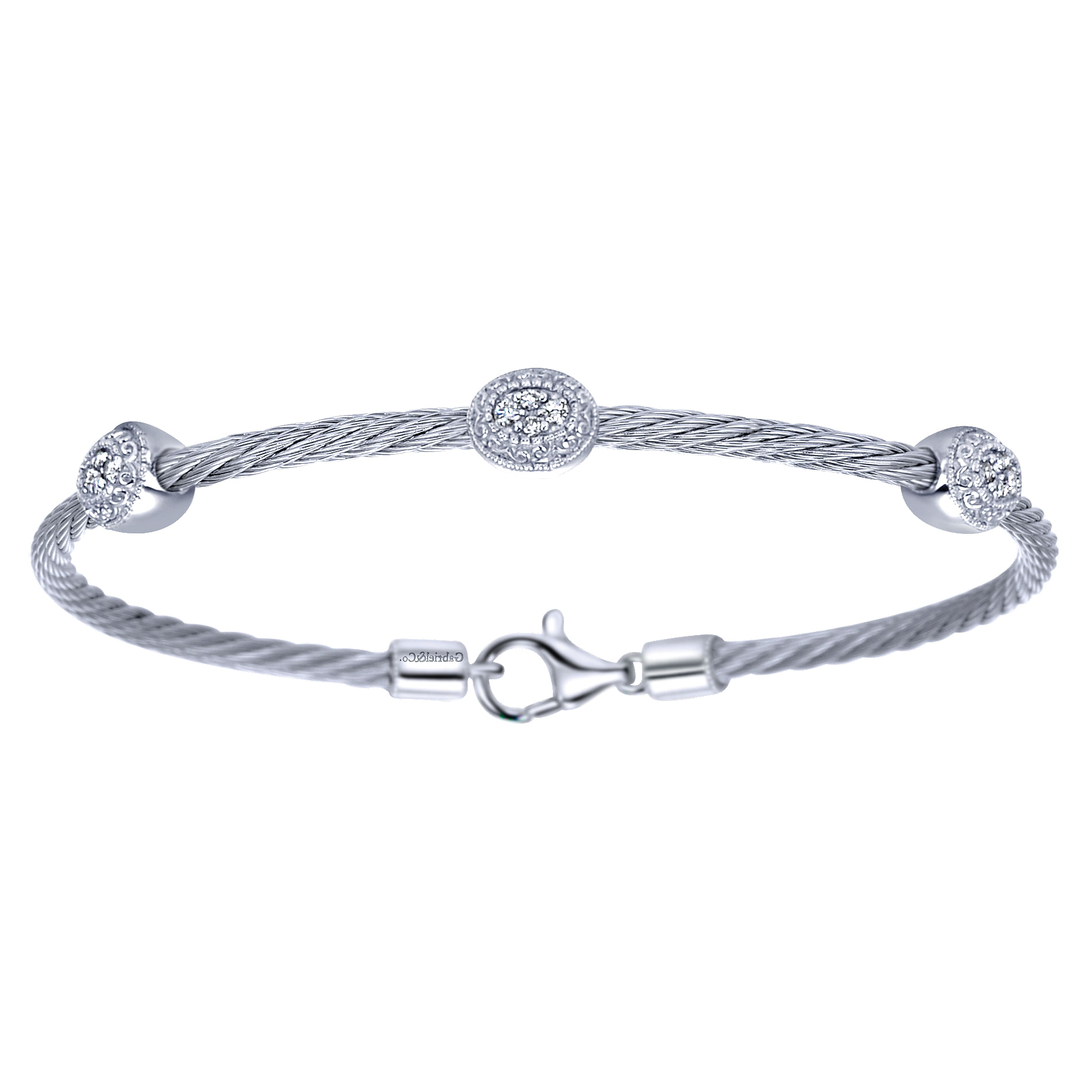 925 Sterling Silver-Stainless Steel Twisted Cable Bangle with 3 Oval Cluster Diamond Stations