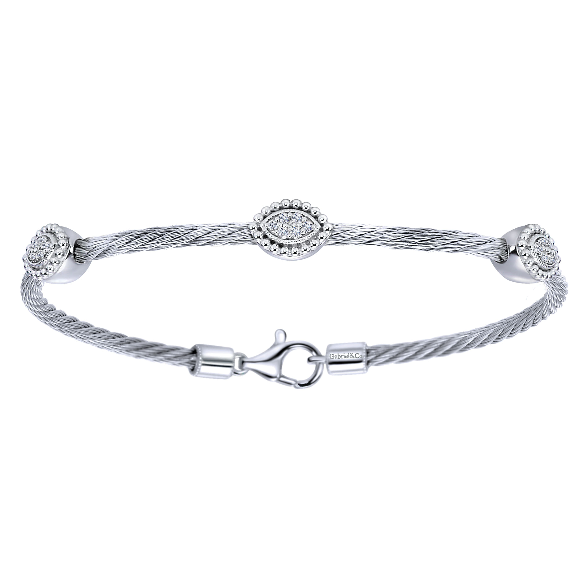 925 Sterling Silver-Stainless Steel Twisted Cable Bangle with 3 Oval Cluster Diamond Stations