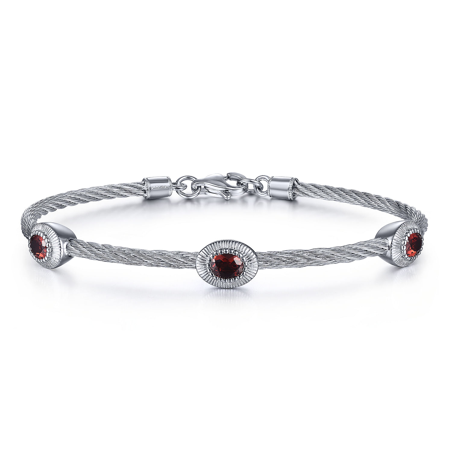 925 Sterling Silver-Stainless Steel Twisted Cable Bangle with 3 Oval Garnet Stations