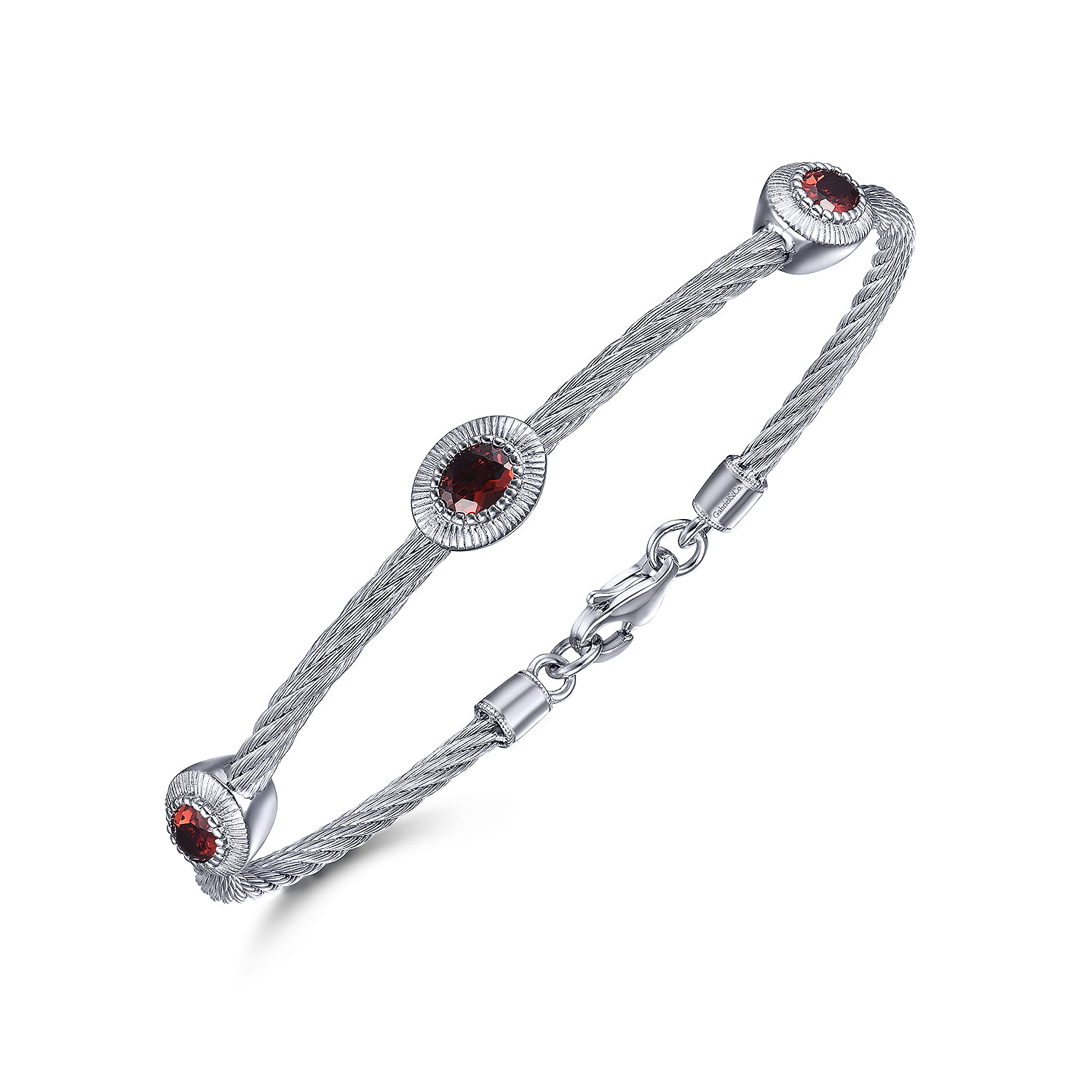 925 Sterling Silver-Stainless Steel Twisted Cable Bangle with 3 Oval Garnet Stations