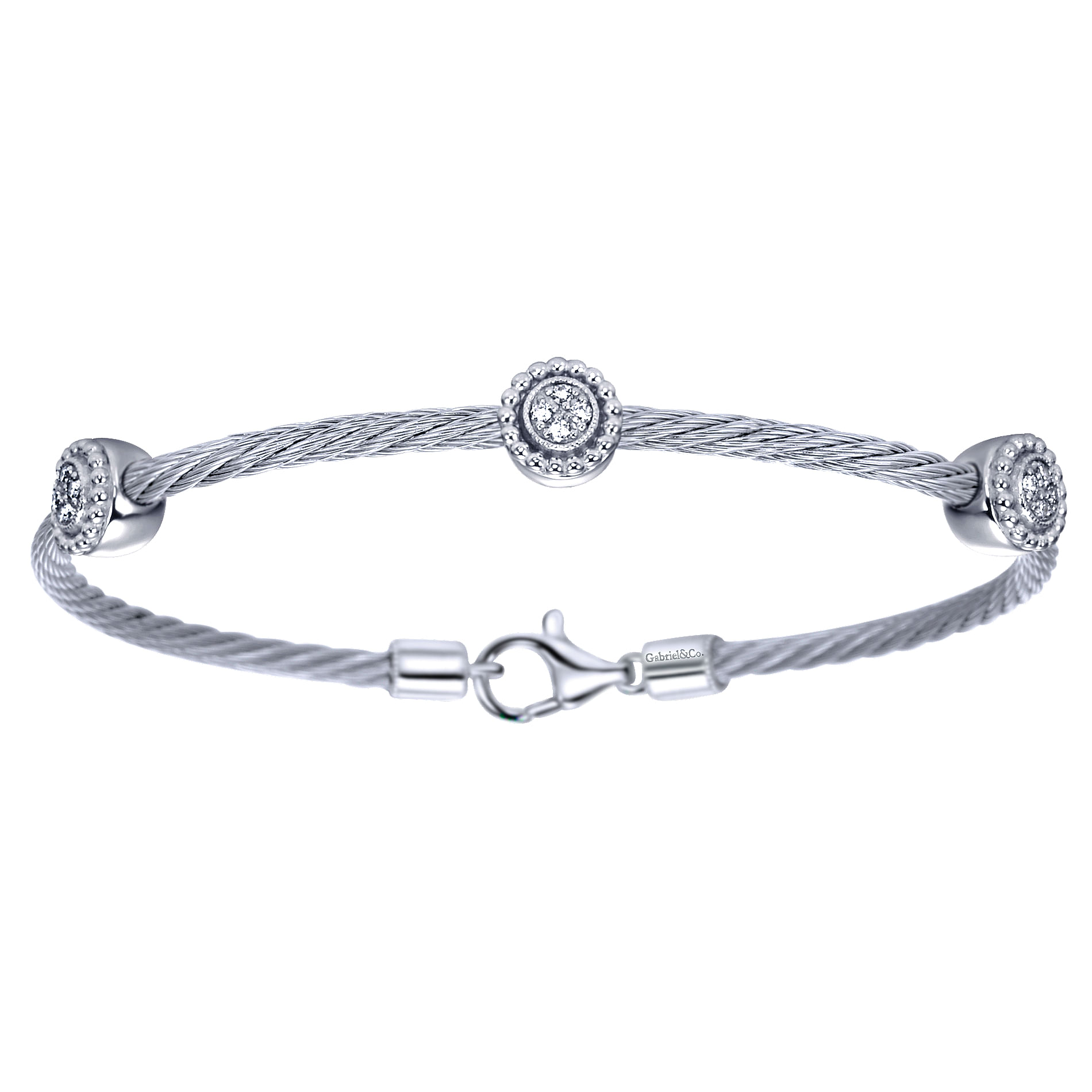 925 Sterling Silver-Stainless Steel Twisted Cable Bangle with 3 Round Cluster Diamond Stations