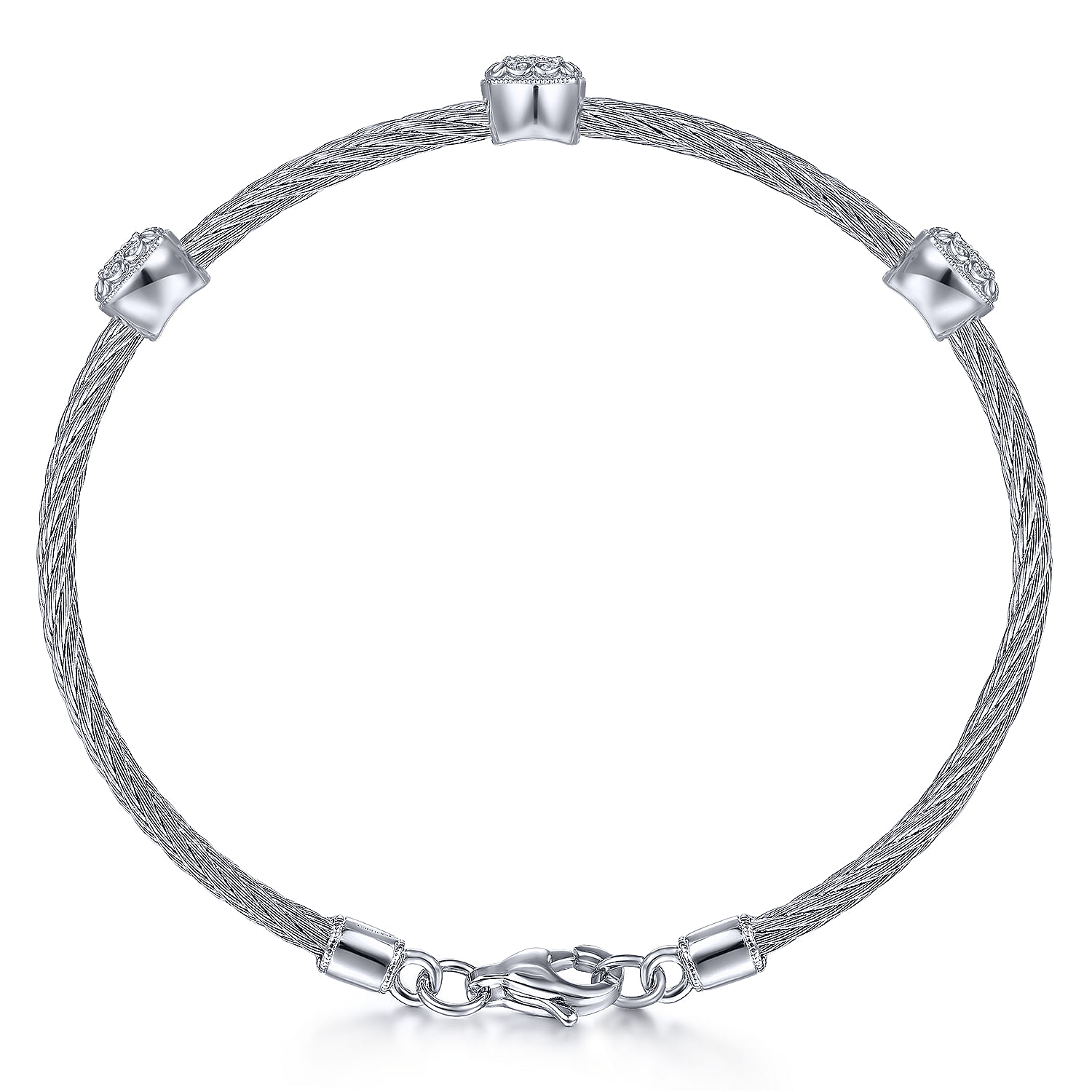 925 Sterling Silver-Stainless Steel Twisted Cable Bangle with 3 Square Cluster Diamond Stations